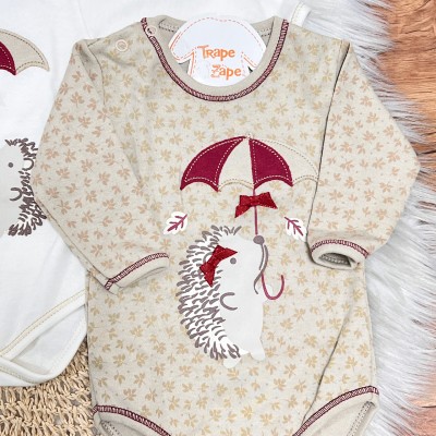 Kit 3 Peças - Bodys Manga Longa Porco Espinho com Guarda Chuva - Bordo, Areia e Off White